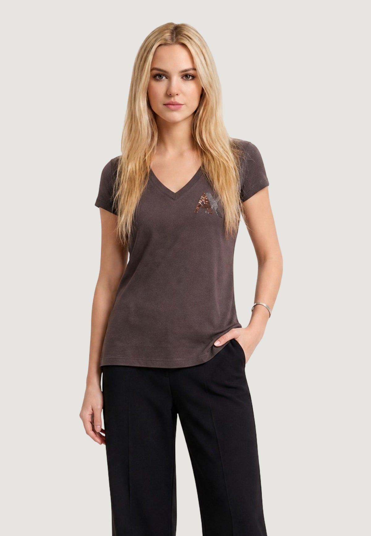 Armani Exchange V-hals T-shirt met Pailletten – Bruin