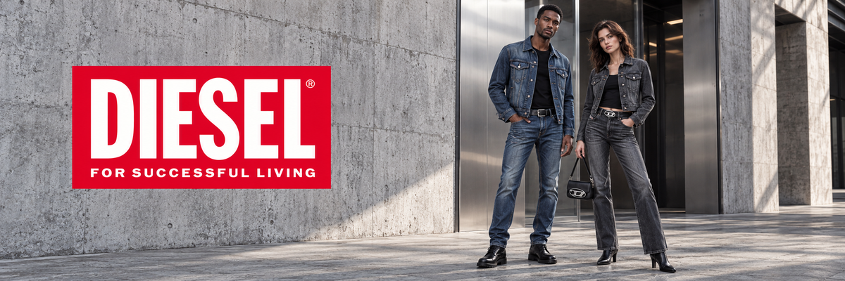 Diesel denim – man en vrouw in spijkerjack en jeans voor een betonnen gevel