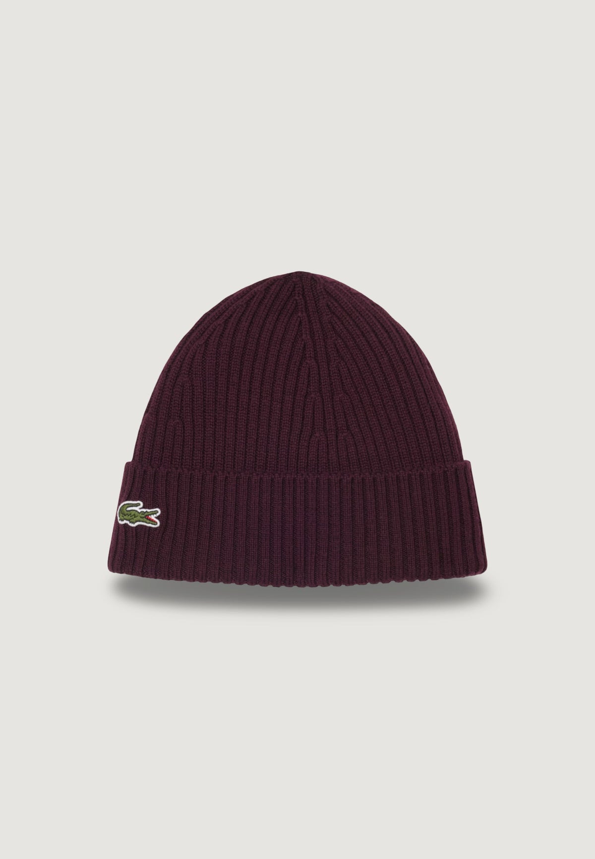 Lacoste Ribgebreide wollen muts met krokodillenlogo – Bordeauxrood