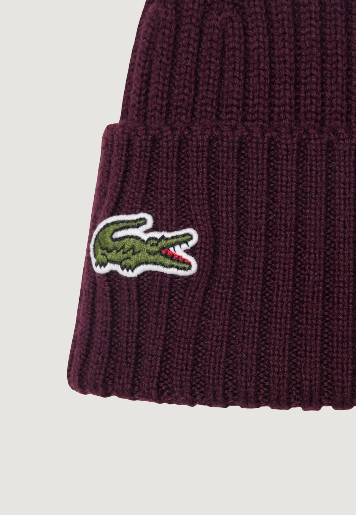 Lacoste Ribgebreide wollen muts met krokodillenlogo – Bordeauxrood