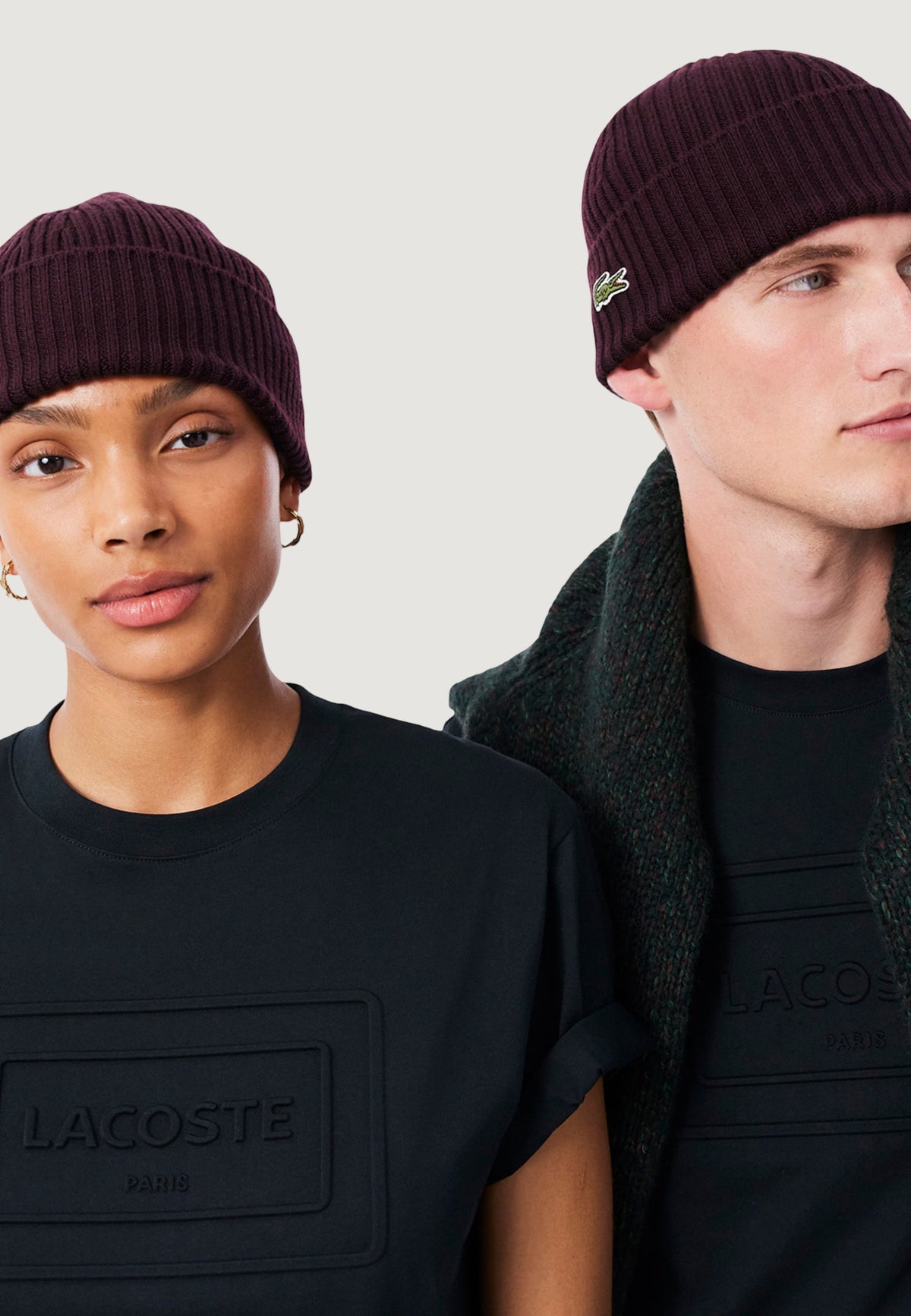 Lacoste Ribgebreide wollen muts met krokodillenlogo – Bordeauxrood