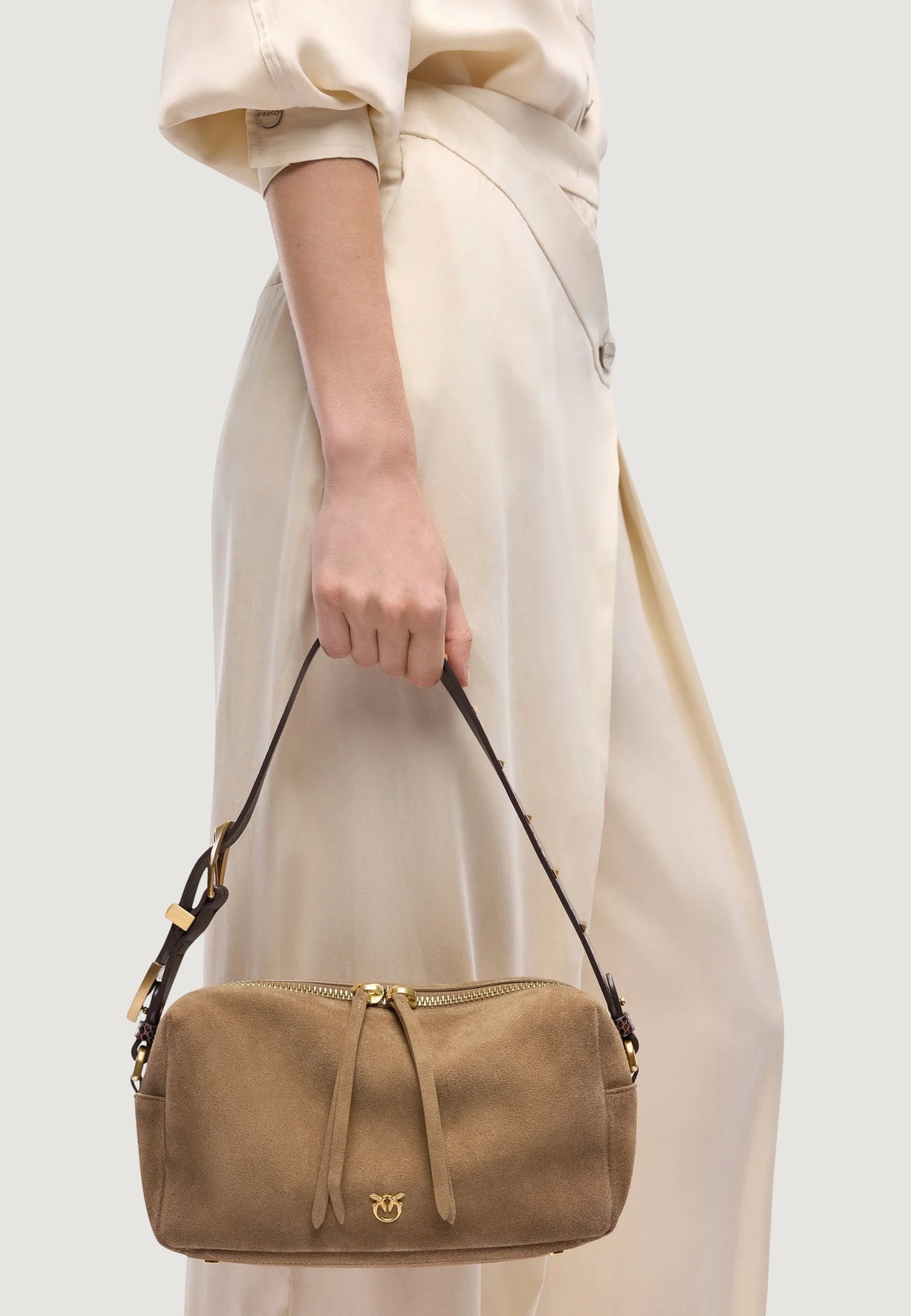 Pinko Bauletto Tritticco Suède Handtas – Beige