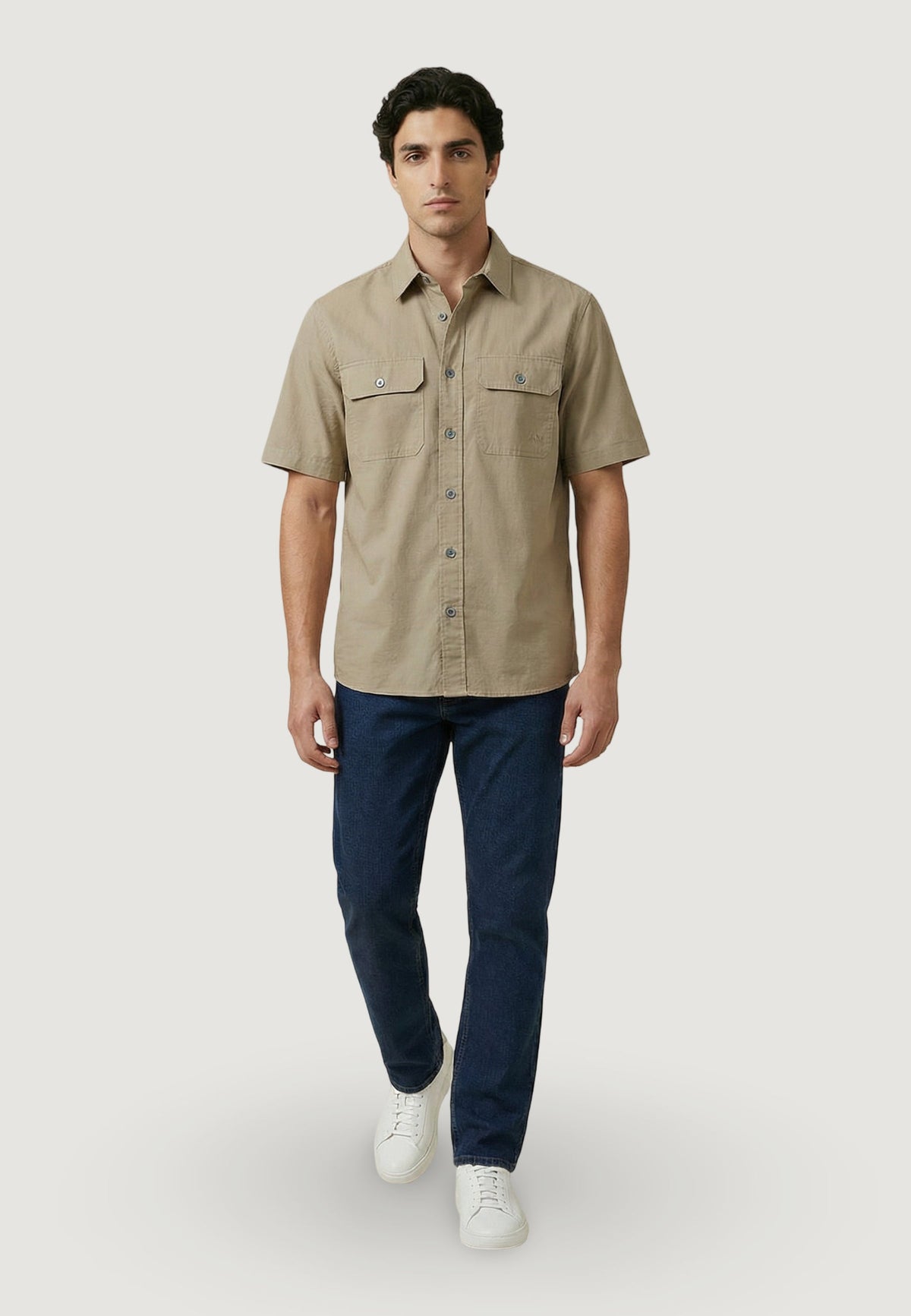Armani Exchange Katoenen Overhemd met Korte Mouwen – Beige
