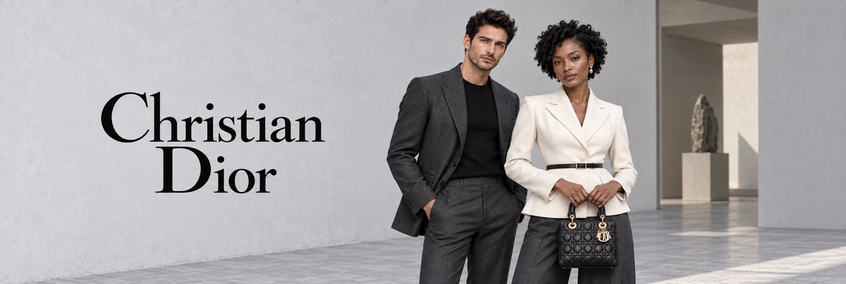 Christian Dior mode – man in grijs pak en vrouw in witte blazer met Dior tas