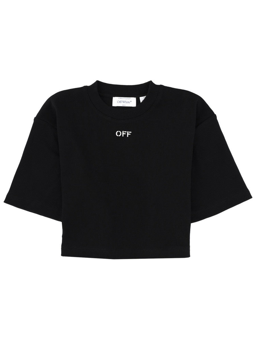 Off-White Cropped T-shirt met Logo – Zwart