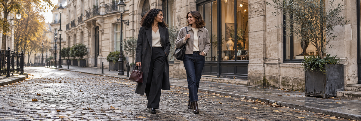 Designerkleding voor dames – twee vrouwen in lange jassen met tas in de stad