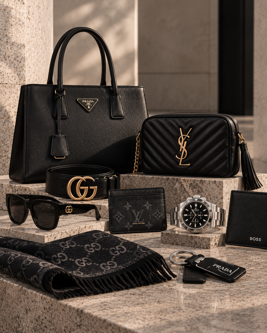 Designer accessoires – handtassen, leren riem, zonnebril, sjaal, portemonnees en horloge