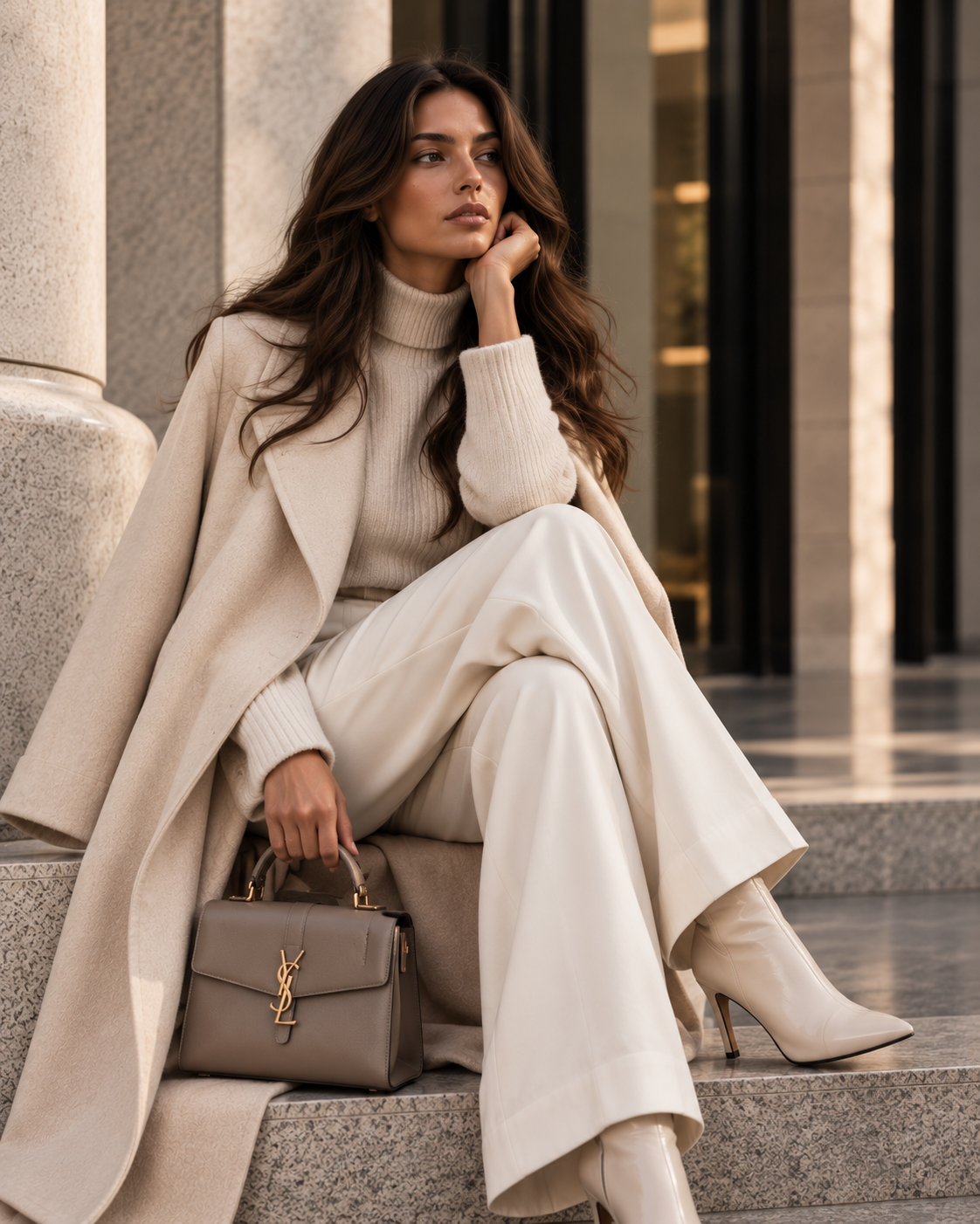 Designerkleding voor dames – vrouw in beige jas en witte broek met handtas en laarsjes