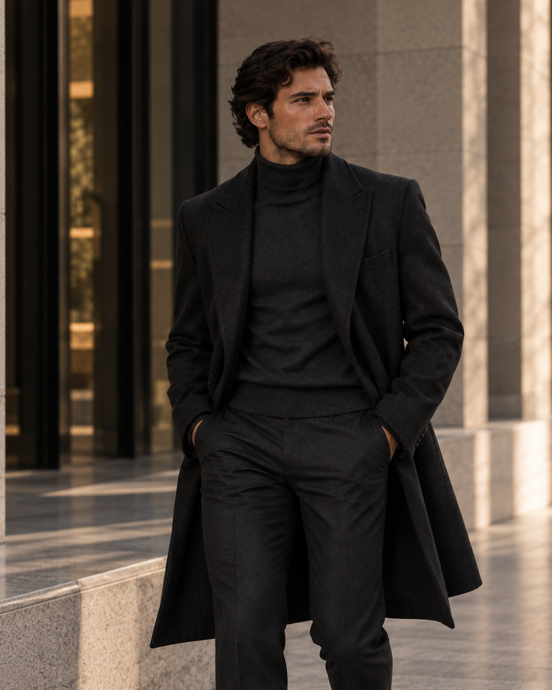 Designerkleding voor heren – man in zwarte lange jas en zwarte coltrui
