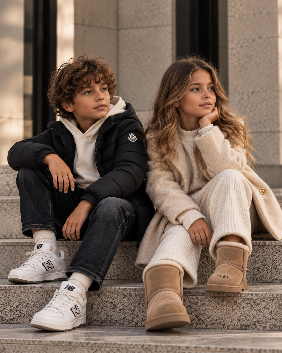 Designer kinderkleding – jongen in zwarte jas met sneakers en meisje in beige jas met suède laarsjes