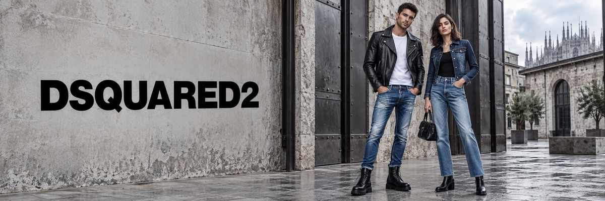 Dsquared2 kleding – man en vrouw in leren jack en jeans in een stadsdecor