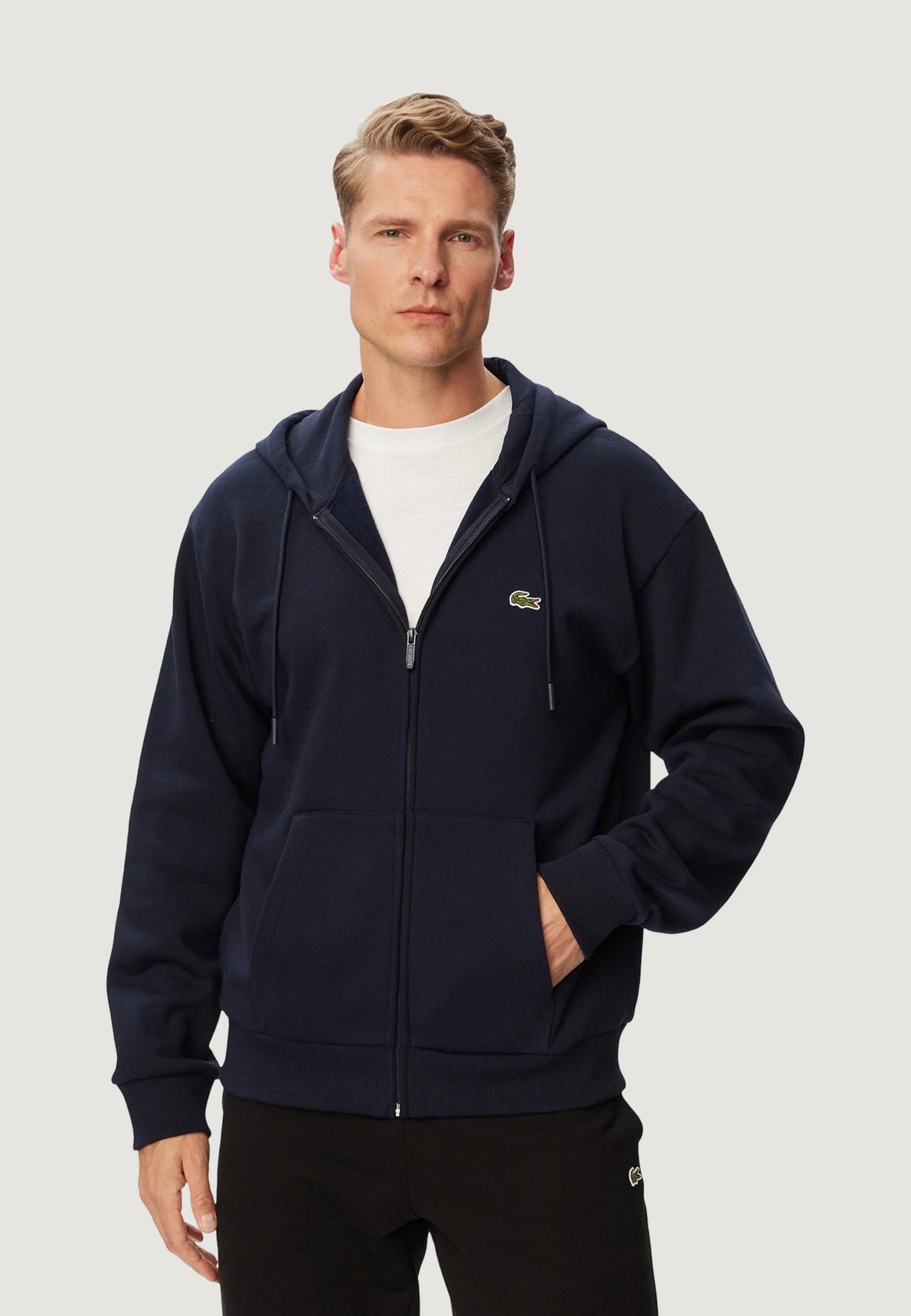 Lacoste Hoodie met rits en kangoeroezakken – Marineblauw
