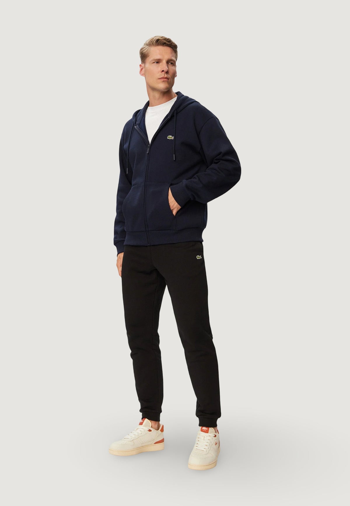 Lacoste Hoodie met rits en kangoeroezakken – Marineblauw