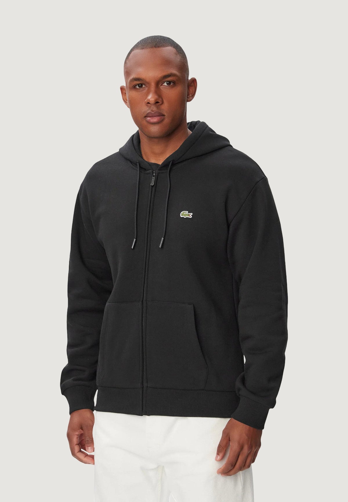 Lacoste Hoodie met rits en kangoeroezakken – Zwart