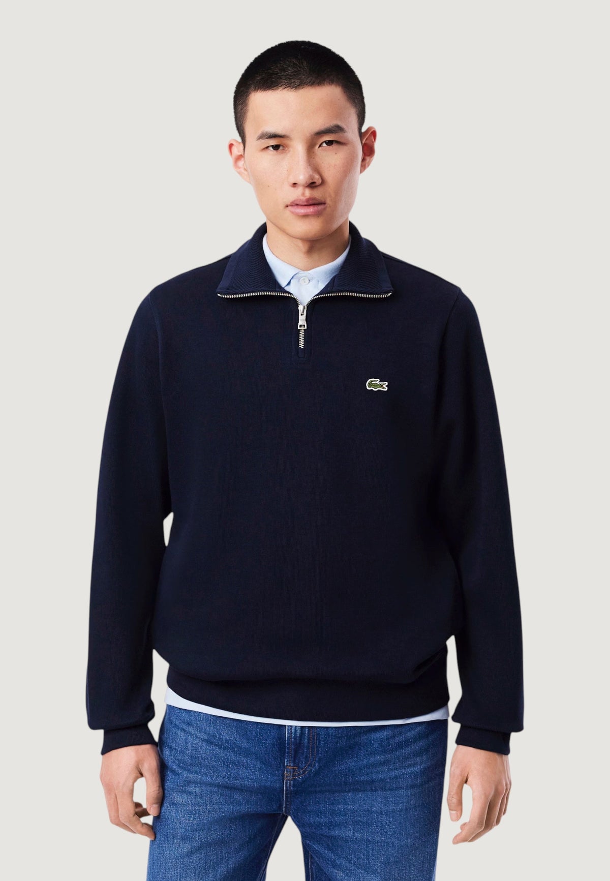 Lacoste Katoenen sweater met halve rits en krokodillenlogo – Marineblauw