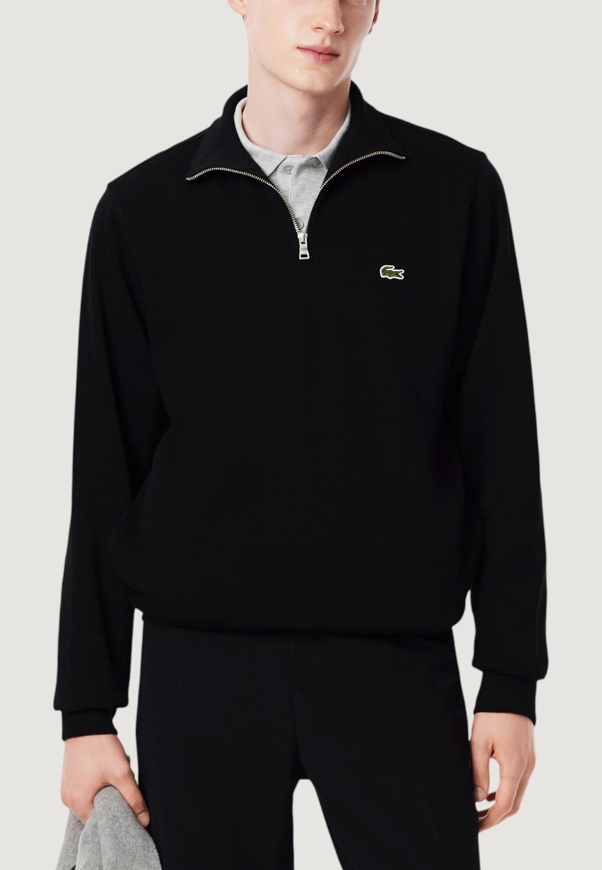 Lacoste Katoenen sweater met halve rits en krokodillenlogo – Zwart