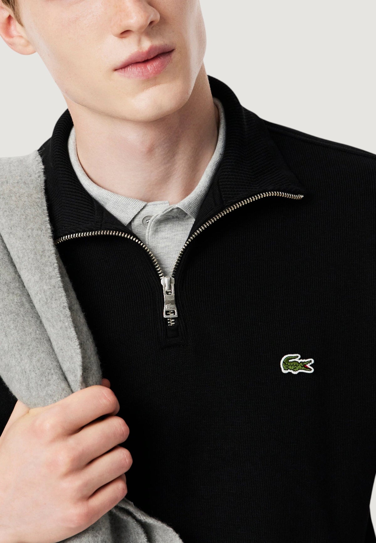 Lacoste Katoenen sweater met halve rits en krokodillenlogo – Zwart