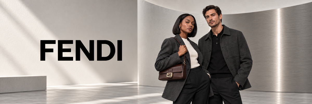 Fendi designermode – man en vrouw in donkere jassen met bruine Fendi tas