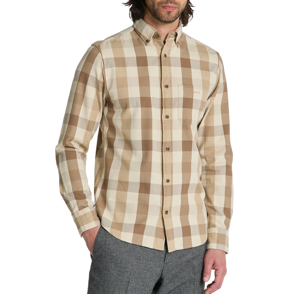 Gant Geruit overhemd met logoborduring – Beige