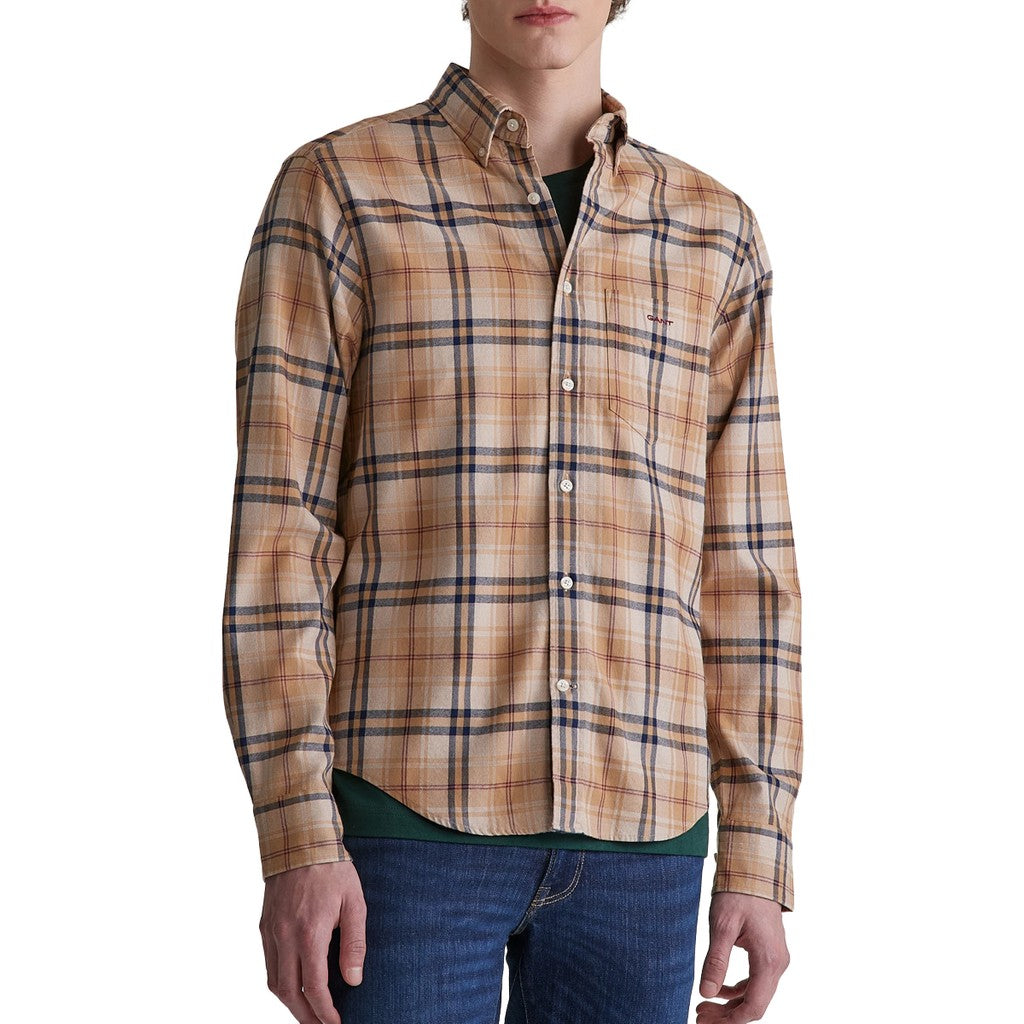 Gant Geruit overhemd met logoborduring – Beige