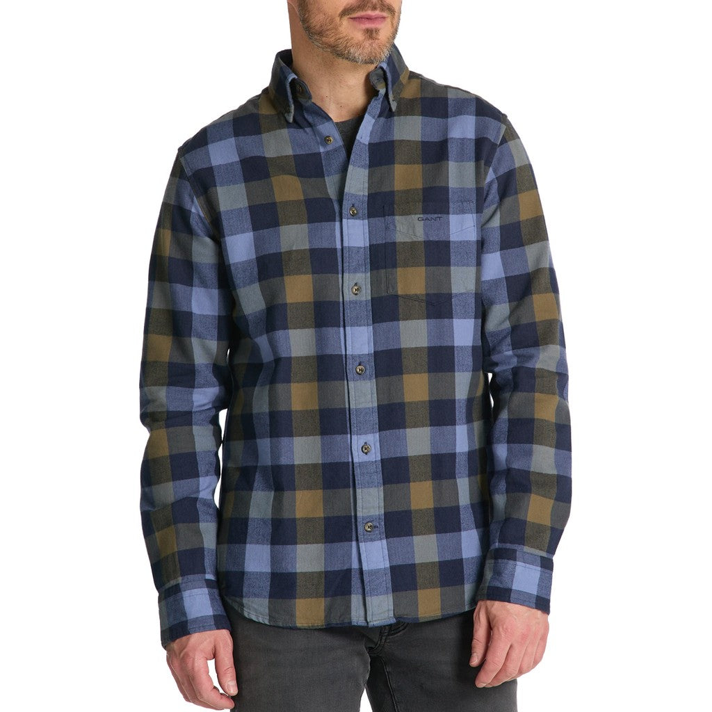 Gant Geruit overhemd met logoborduring – Blauw / Bruin