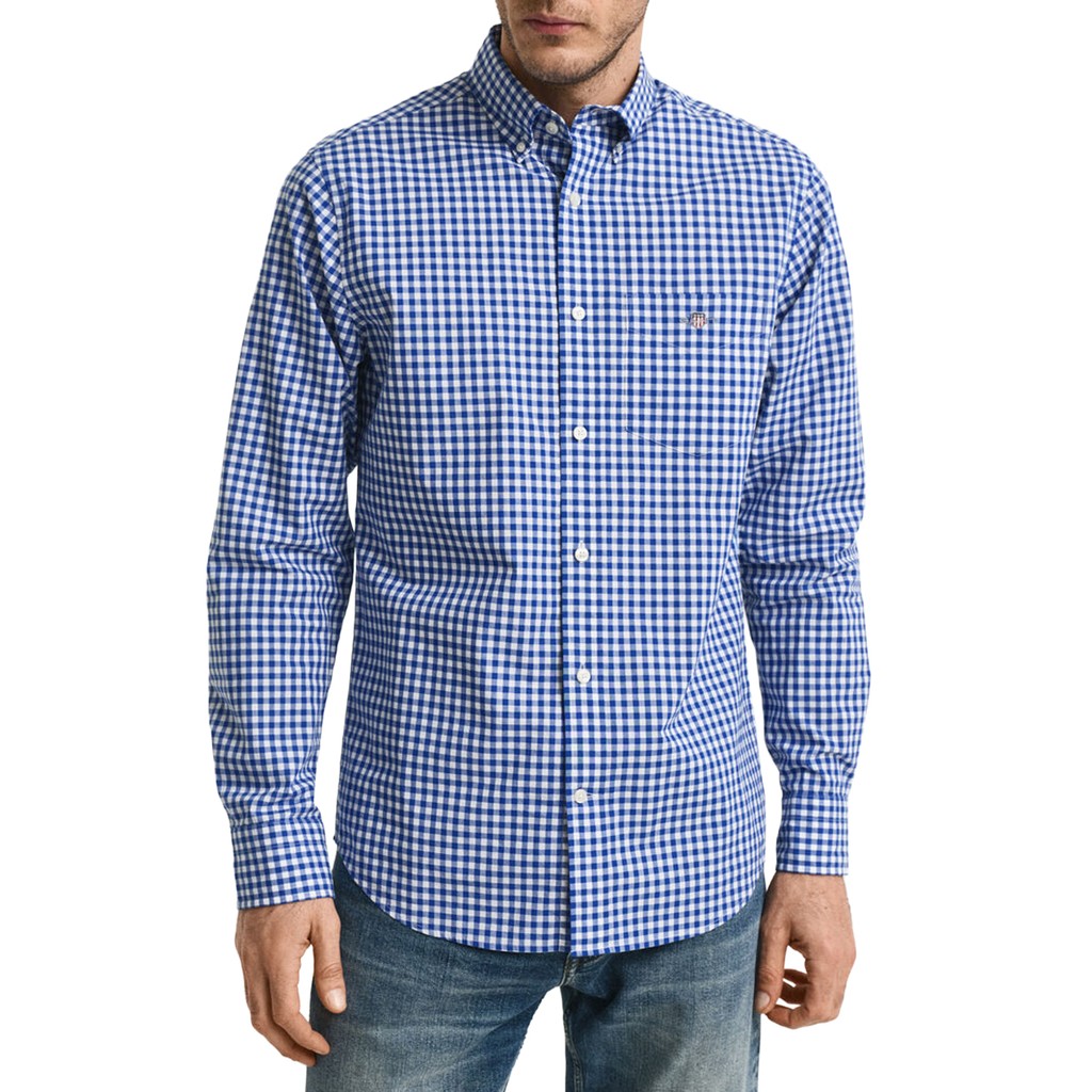 Gant Geruit overhemd met logoborduring – Blauw / Wit