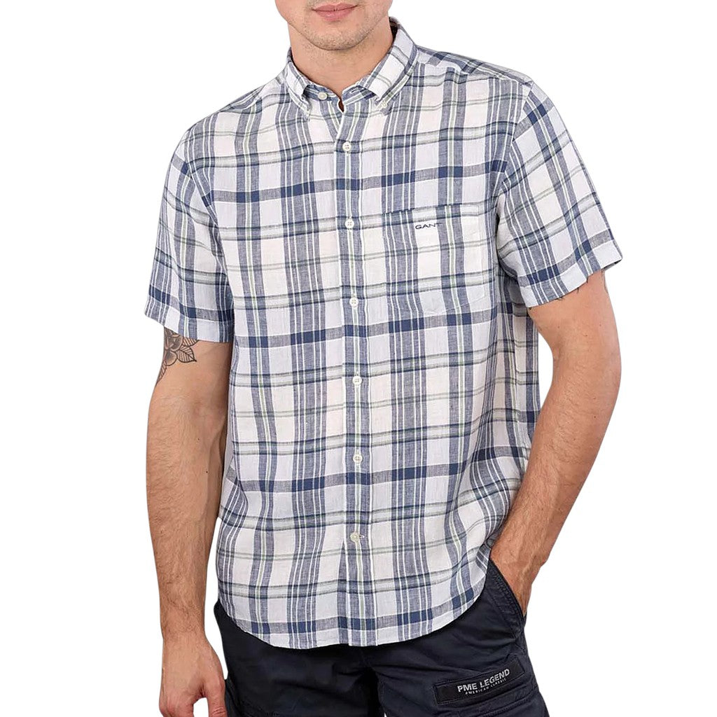 Gant Geruit overhemd met logoborduring – Blauw / Wit
