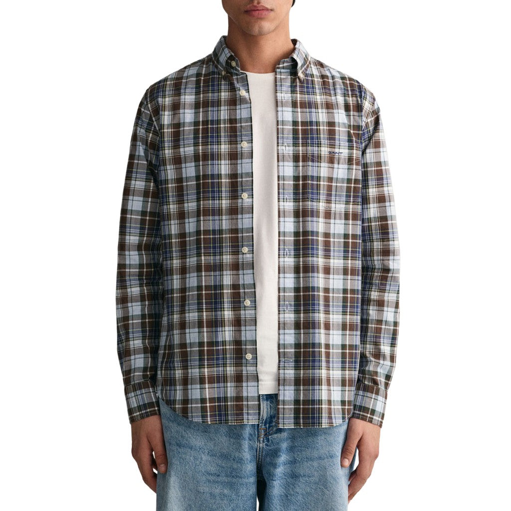 Gant Geruit overhemd met logoborduring – Bruin