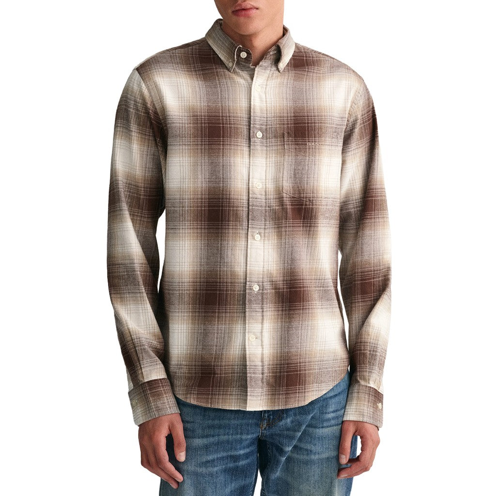 Gant Geruit overhemd met logoborduring – Bruin