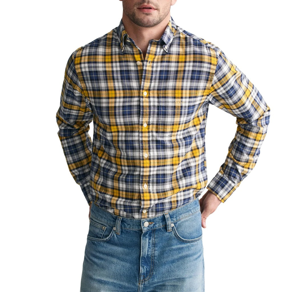 Gant Geruit overhemd met logoborduring – Geel / Blauw
