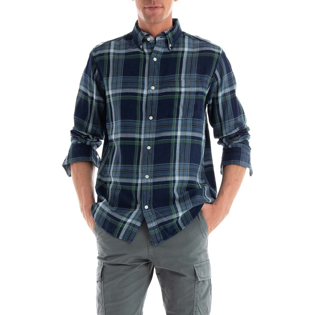 Gant Geruit overhemd met logoborduring – Marineblauw