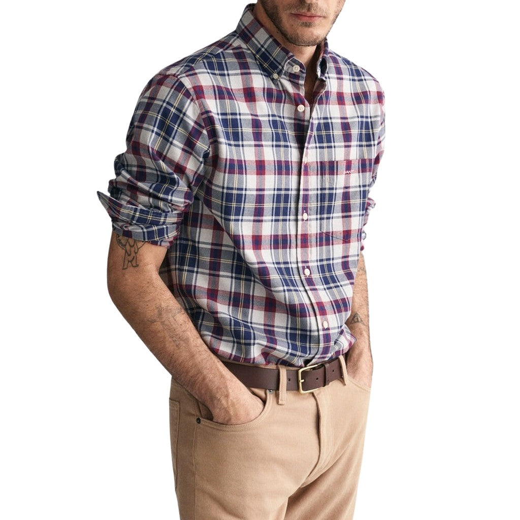 Gant Geruit overhemd met logoborduring – Marineblauw / Rood