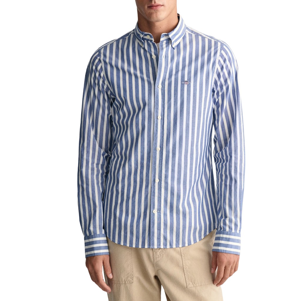 Gant Gestreept overhemd met logoborduring – Blauw / Wit