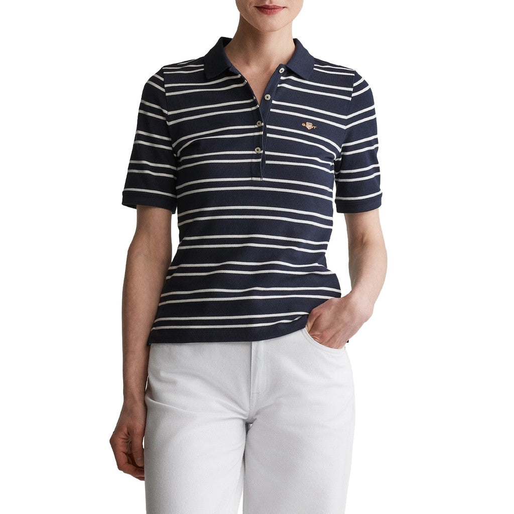 Gant Polo met strepen Dames – Marineblauw / Wit