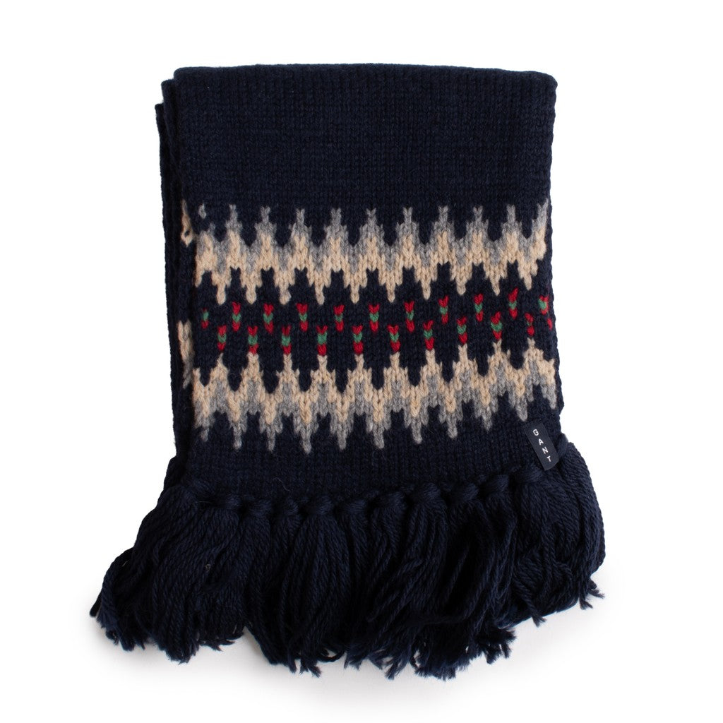 Gant Wollen jacquard sjaal met franjes – Donkerblauw