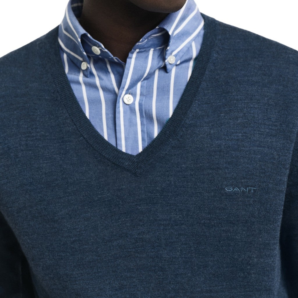 Gant Wollen trui met V-hals Heren – Donkerblauw