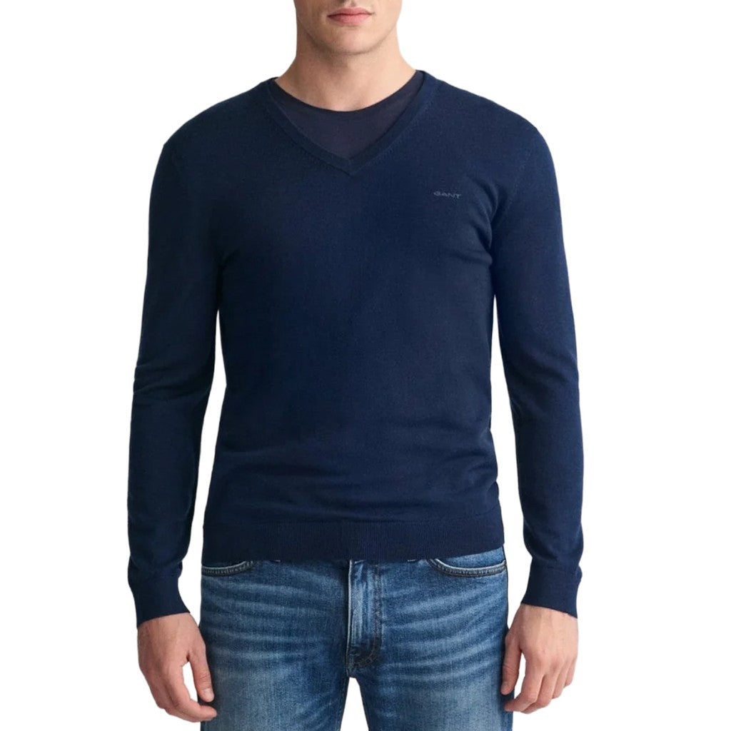 Gant Wollen trui met V-hals Heren – Marineblauw