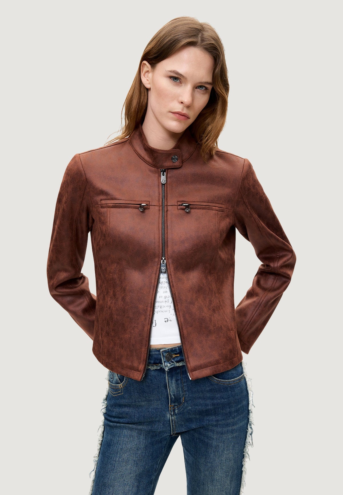 Desigual Bikercy Bikerjack met dubbele ritssluiting – Bruin