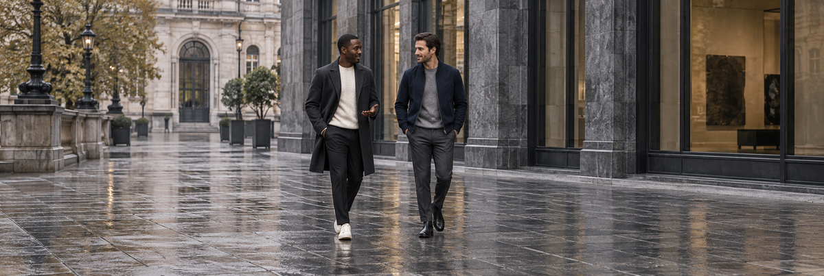 Designerkleding voor heren – twee mannen in jassen en pantalons in de stad