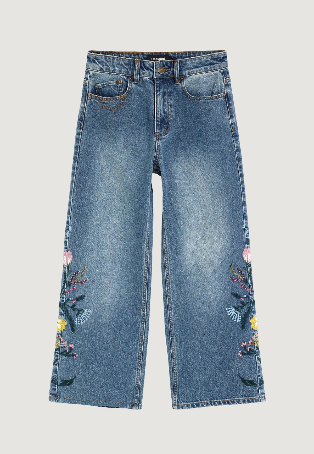 Desigual Slim fit jeans met bloemborduursel – Lichtblauw