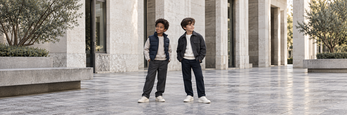 Designerkleding voor jongens – twee jongens in bodywarmer en jas met witte sneakers