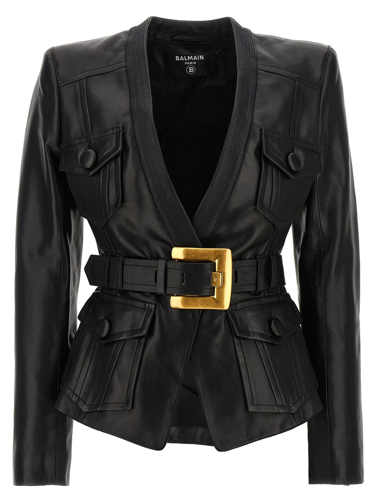 Balmain Leren jack met V-hals en riem – Zwart