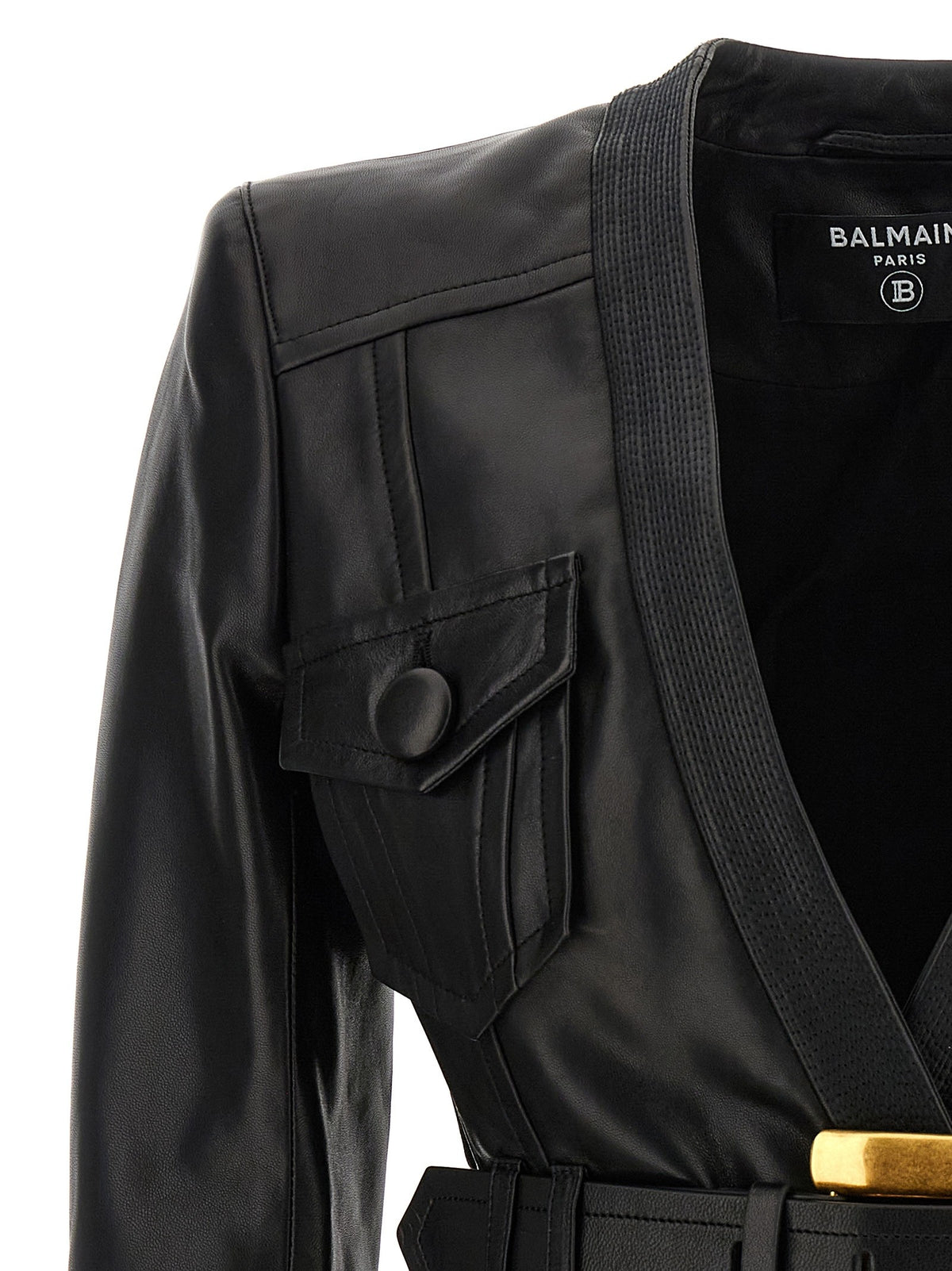 Balmain Leren jack met V-hals en riem – Zwart