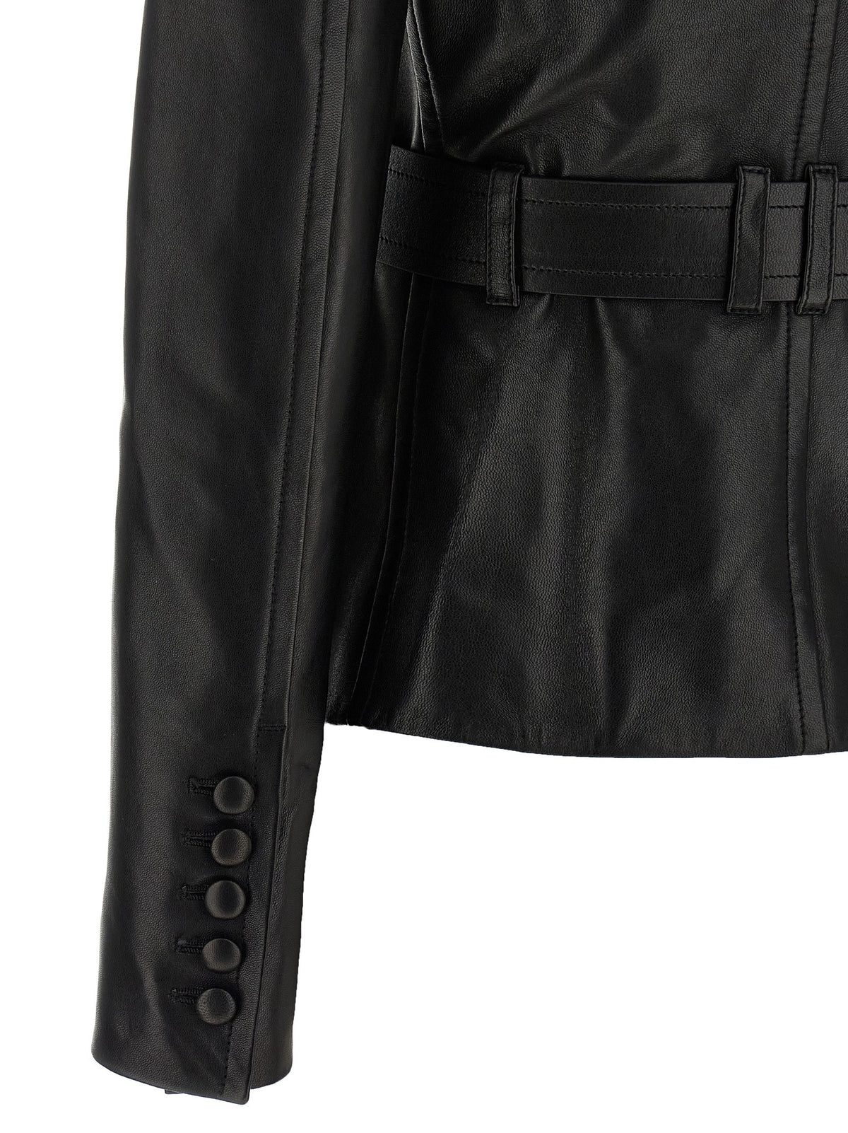 Balmain Leren jack met V-hals en riem – Zwart