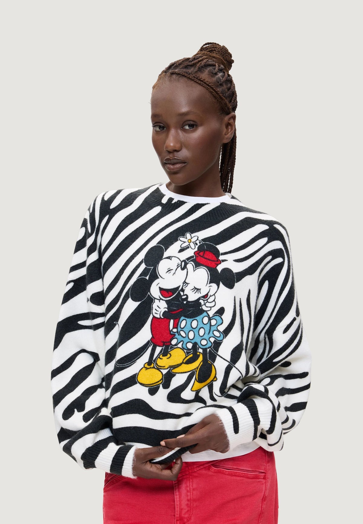 Desigual Hug Mickey Trui met zebraprint en borduursel – Wit / Zwart
