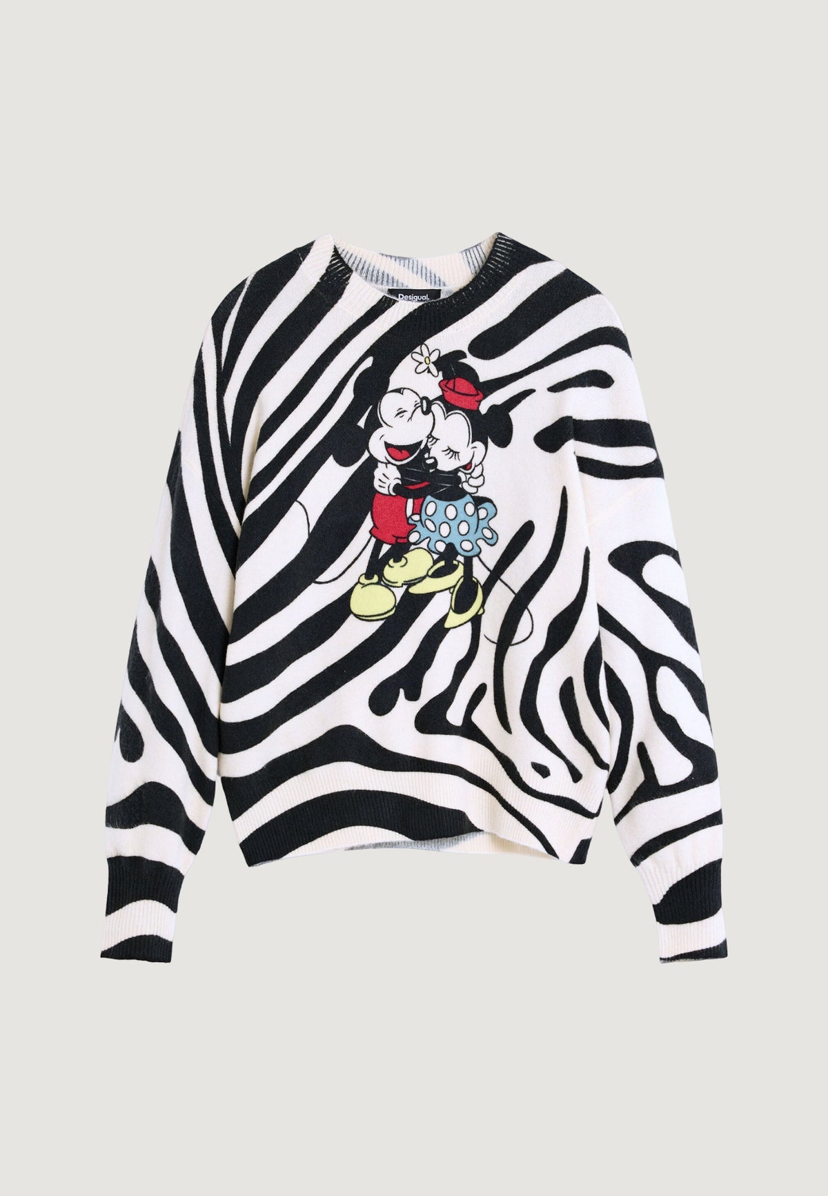 Desigual Hug Mickey Trui met zebraprint en borduursel – Wit / Zwart