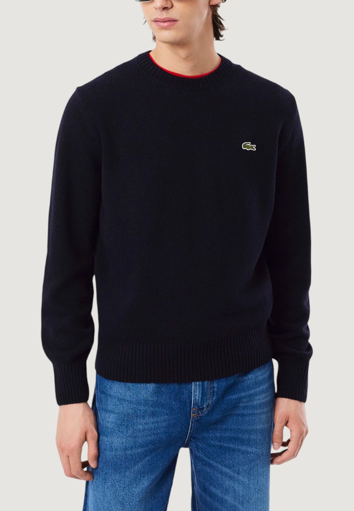 Lacoste Wollen trui met ronde hals en geborduurd logo – Blauw