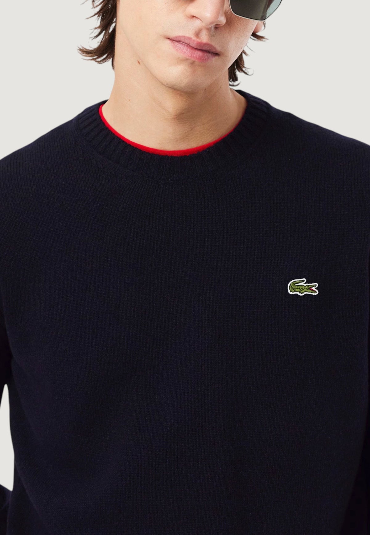 Lacoste Wollen trui met ronde hals en geborduurd logo – Blauw