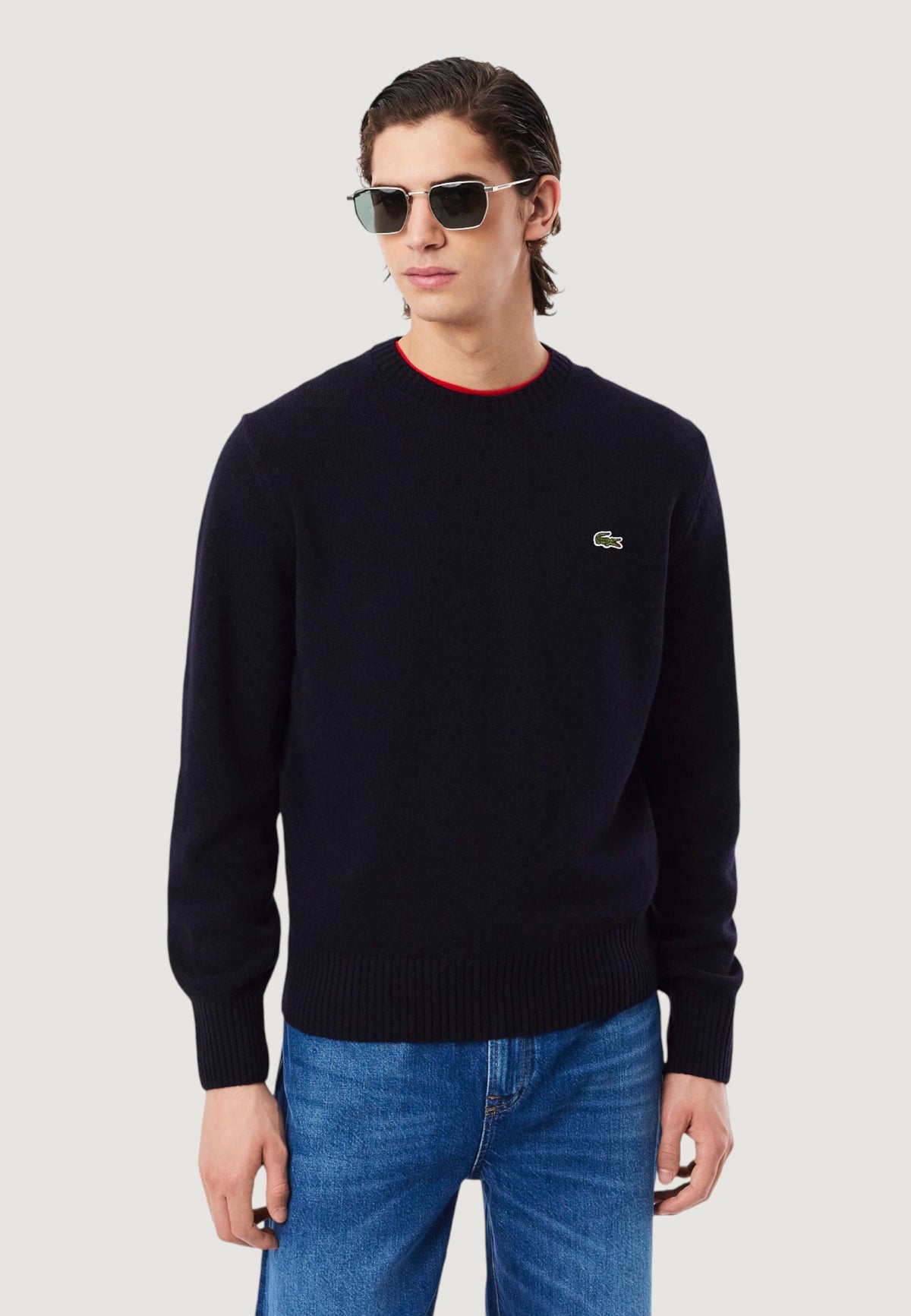 Lacoste Wollen trui met ronde hals en geborduurd logo – Blauw