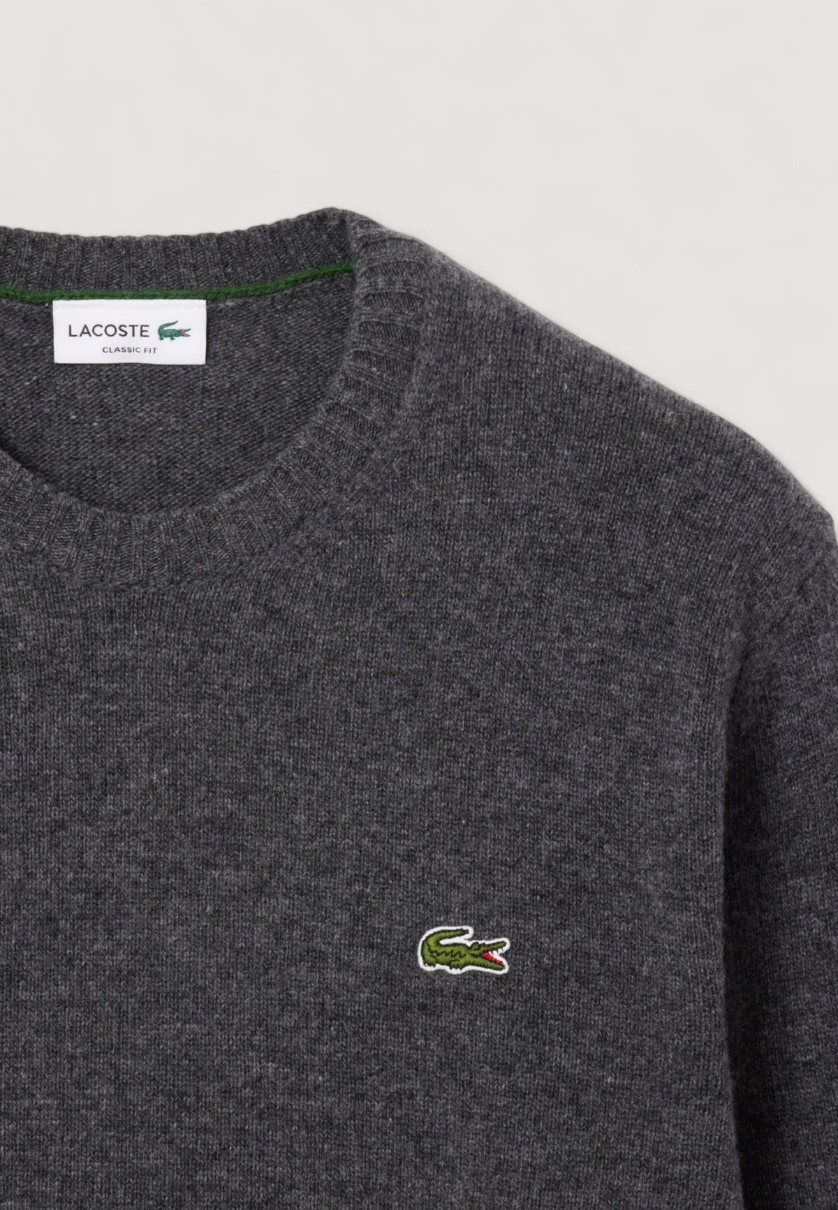Lacoste Wollen trui met ronde hals en geborduurd logo – Grijs